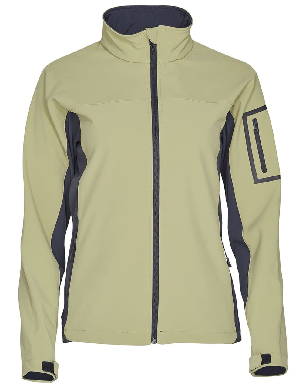 A softshell jacket in light green with dark grey accents and a zippered pocket on the arm, featuring branding.