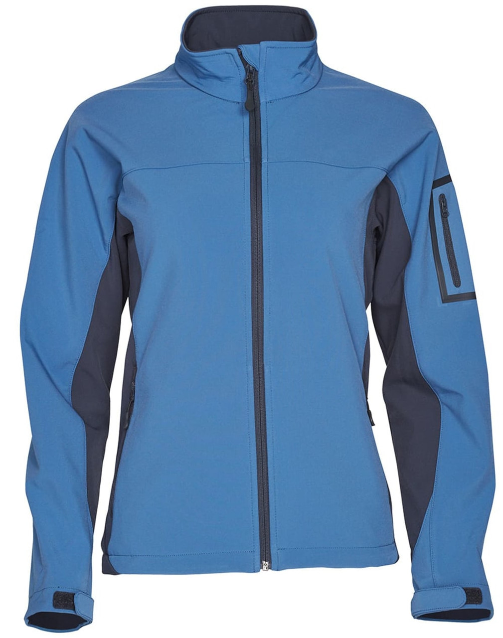 A blue ladies' softshell jacket with contrasting dark grey details and a zippered front. Features a logo on the sleeve.