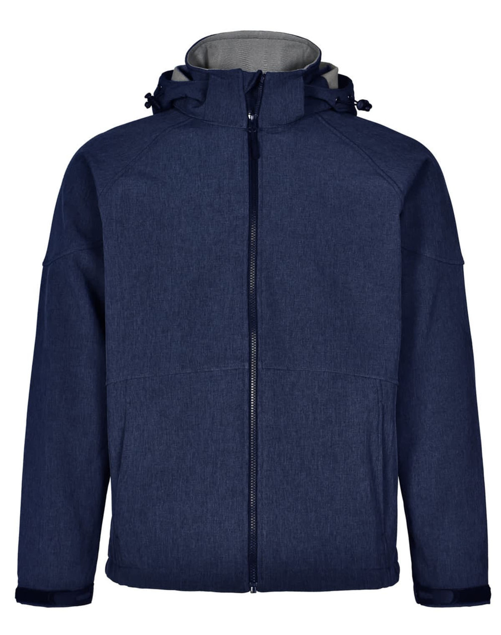 A navy blue men's softshell full zip hoodie with a grey interior and a hood. It features a logo on the front.
