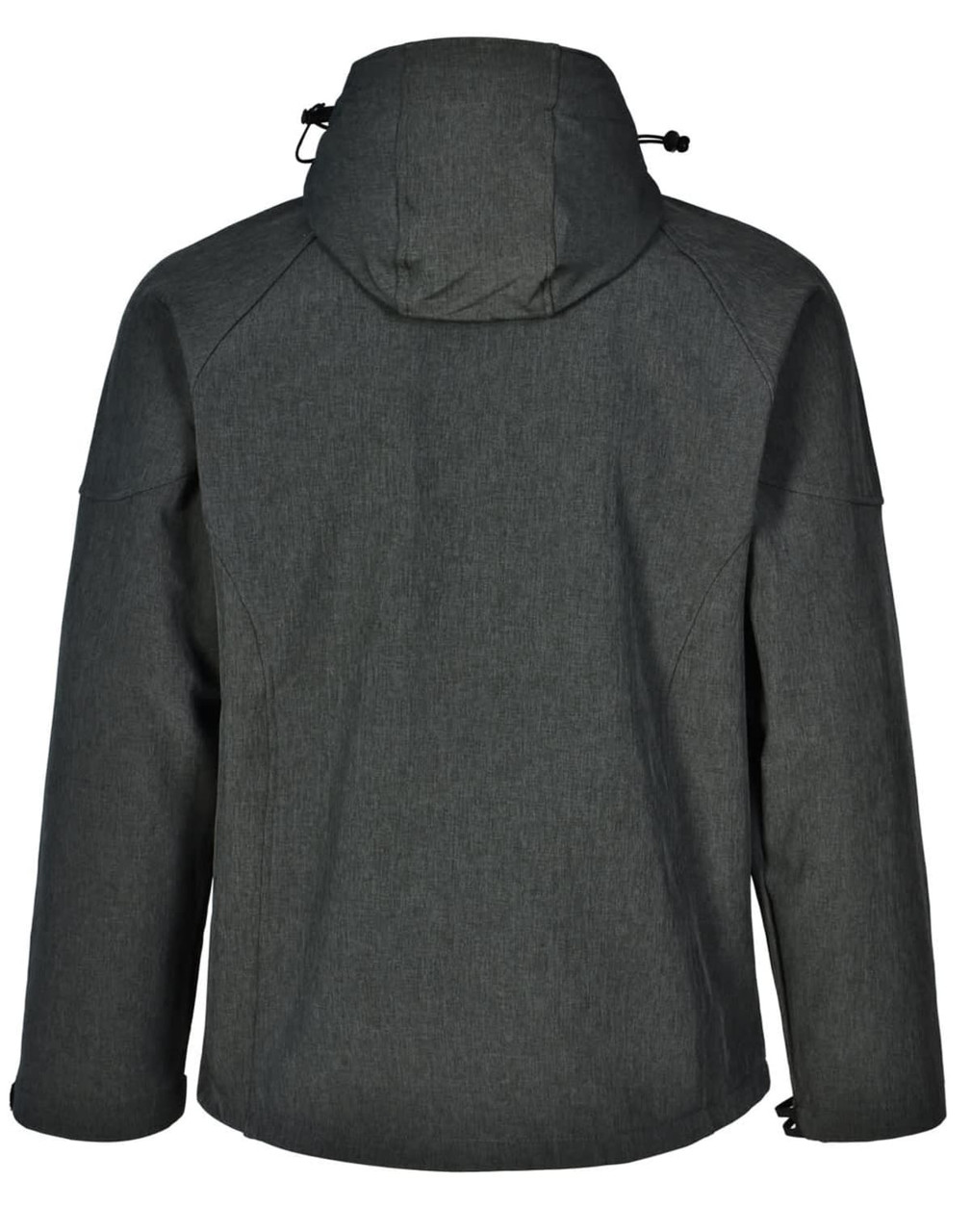 A dark green men's softshell full zip hoodie with a hood and adjustable toggles, featuring a smooth texture and casual design.