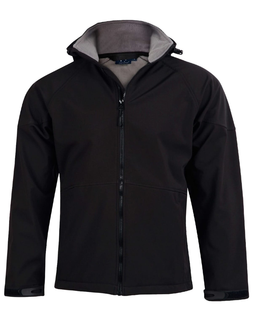 A black kids' softshell full zip hoodie with a grey interior and a zippered front. It features a stand-up collar and a logo.