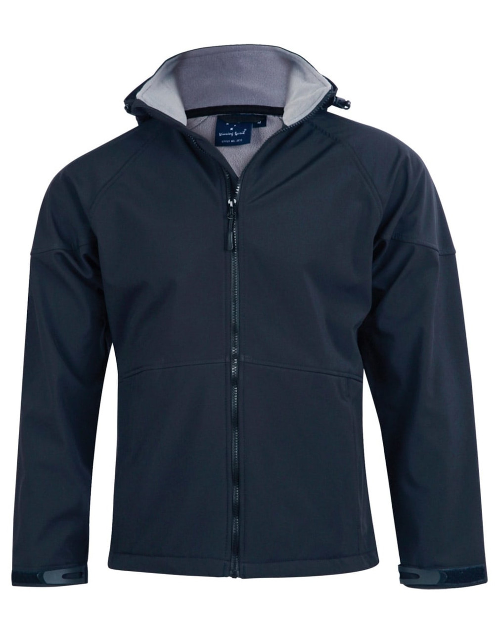 A kids' softshell full zip hoodie in navy blue, featuring a grey interior and a logo on the chest.