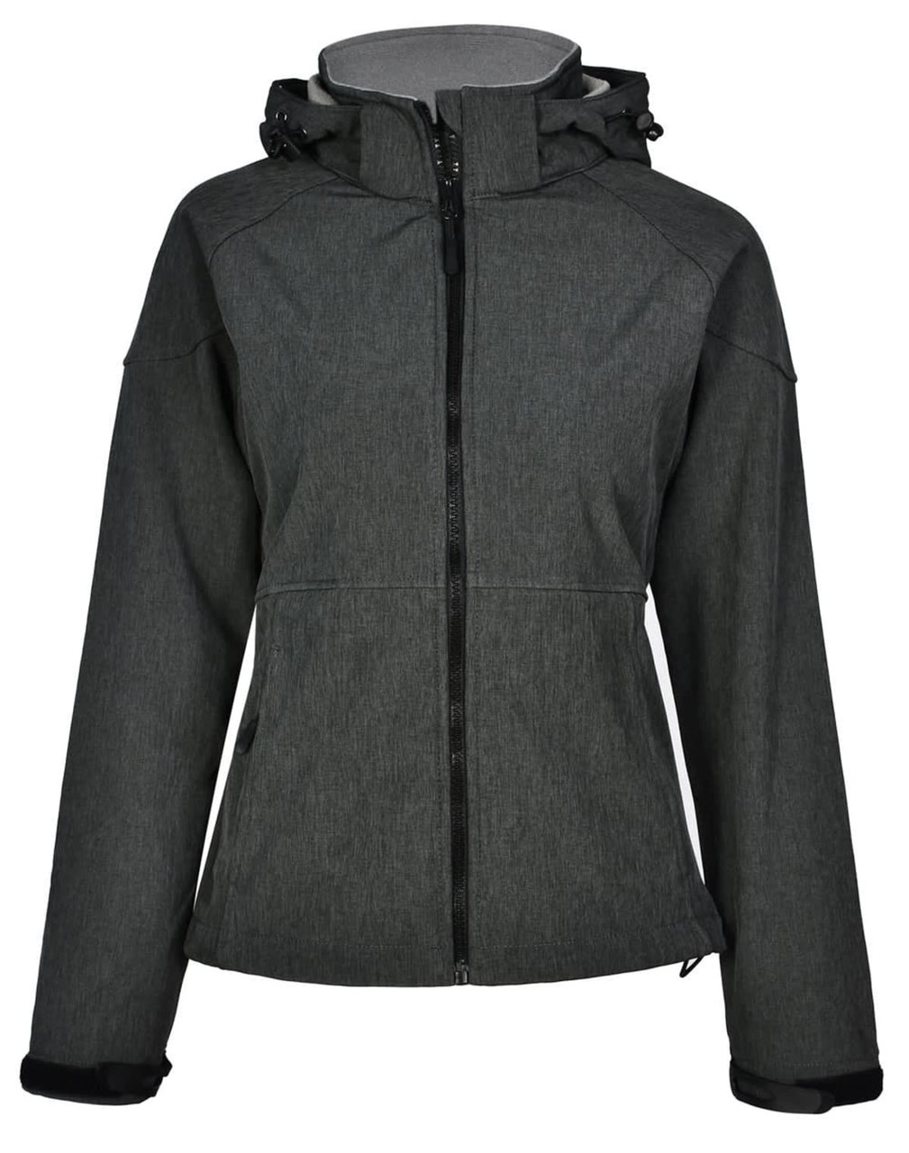 A dark grey ladies' softshell full zip hoodie with a hood, featuring a logo and a fitted design.