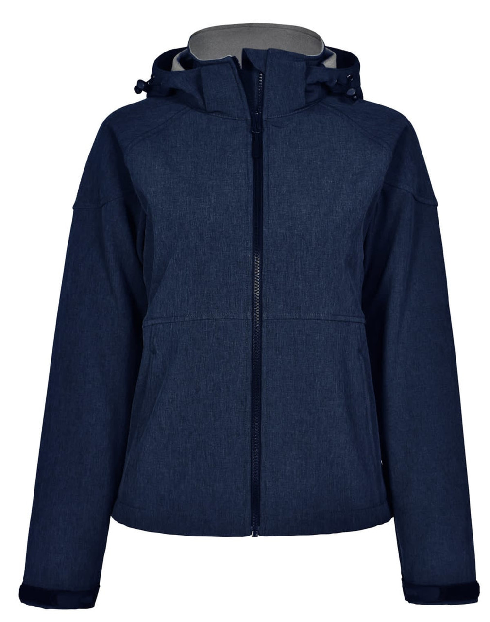 A navy blue ladies' softshell full zip hoodie with a hood and a subtle texture. It features a logo on the front.
