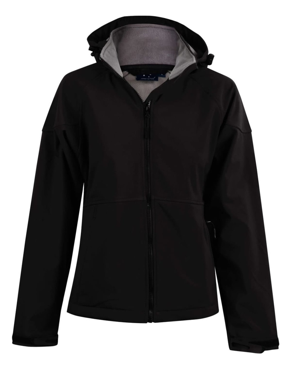 A black softshell full zip hoodie for ladies, featuring a fleece lining and a hood. It includes a logo.