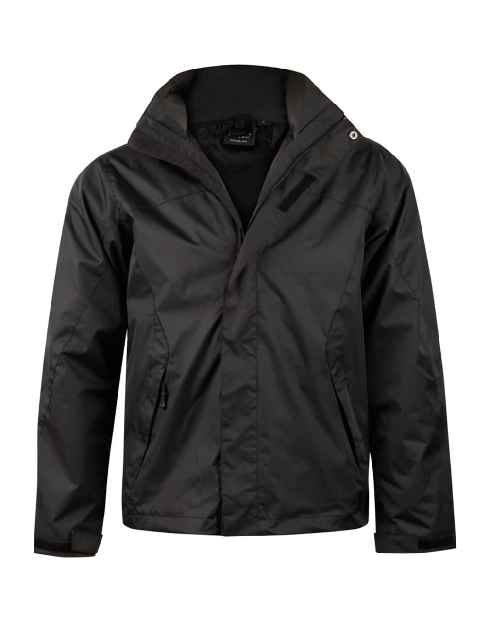 A black ladies' versatile jacket featuring a hood and zip pockets, with a logo on the front.