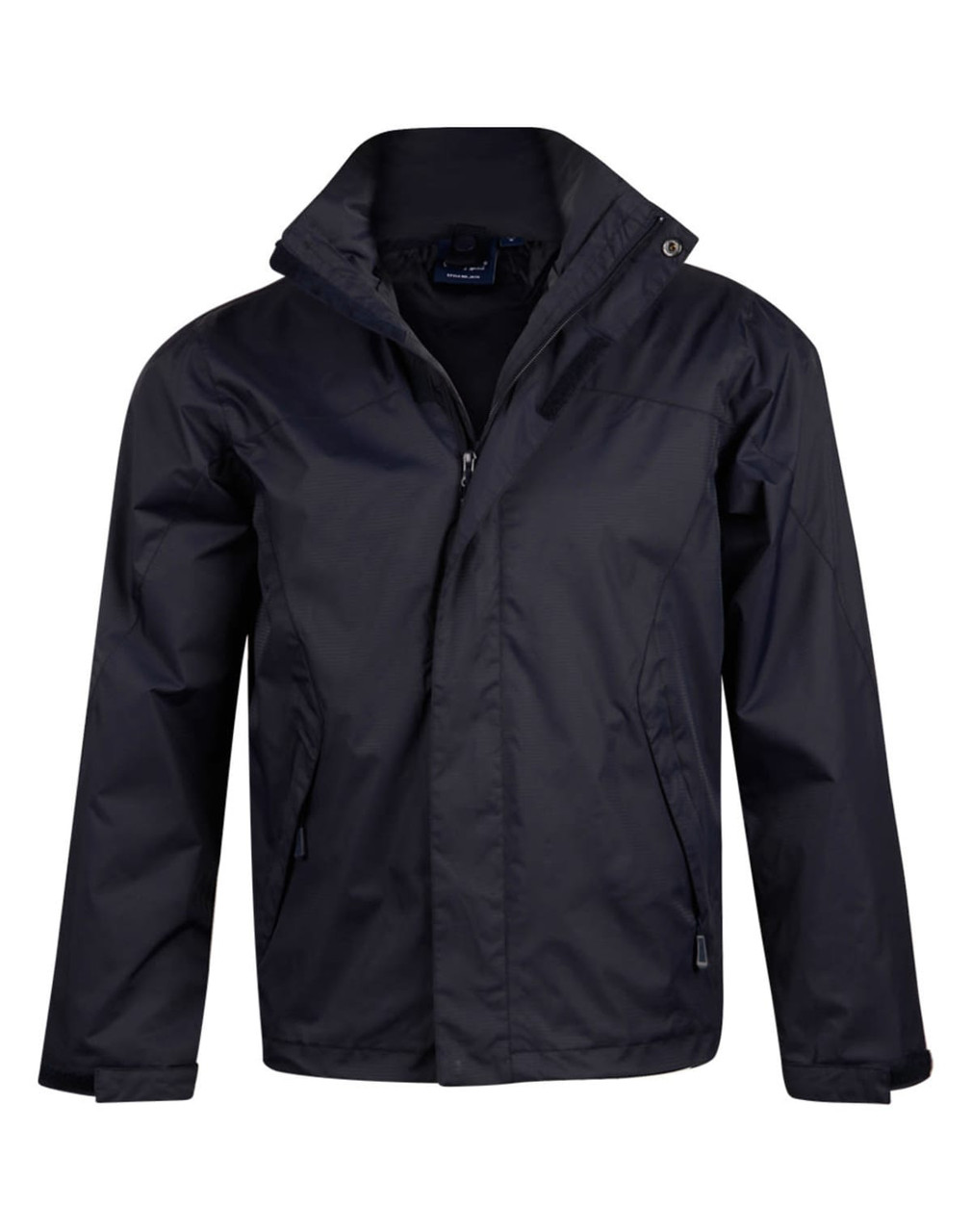 A versatile black jacket with a zip front, pockets, and a stand-up collar. Features a logo on the front.