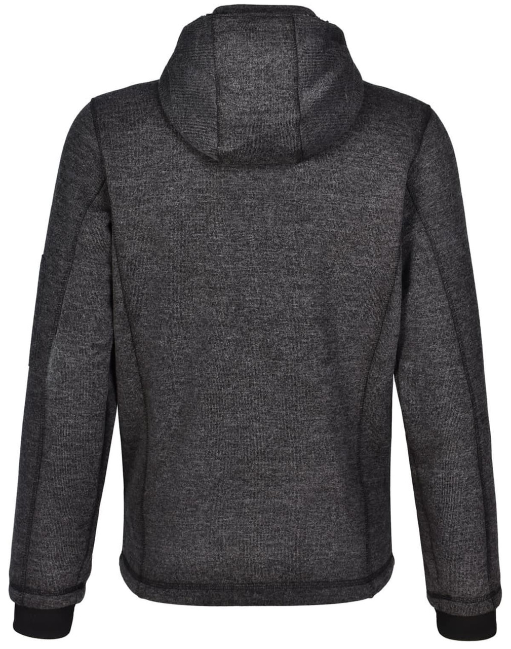 A grey men's fleece jacket with a hood, featuring a sleek, bonded design and a rear view.