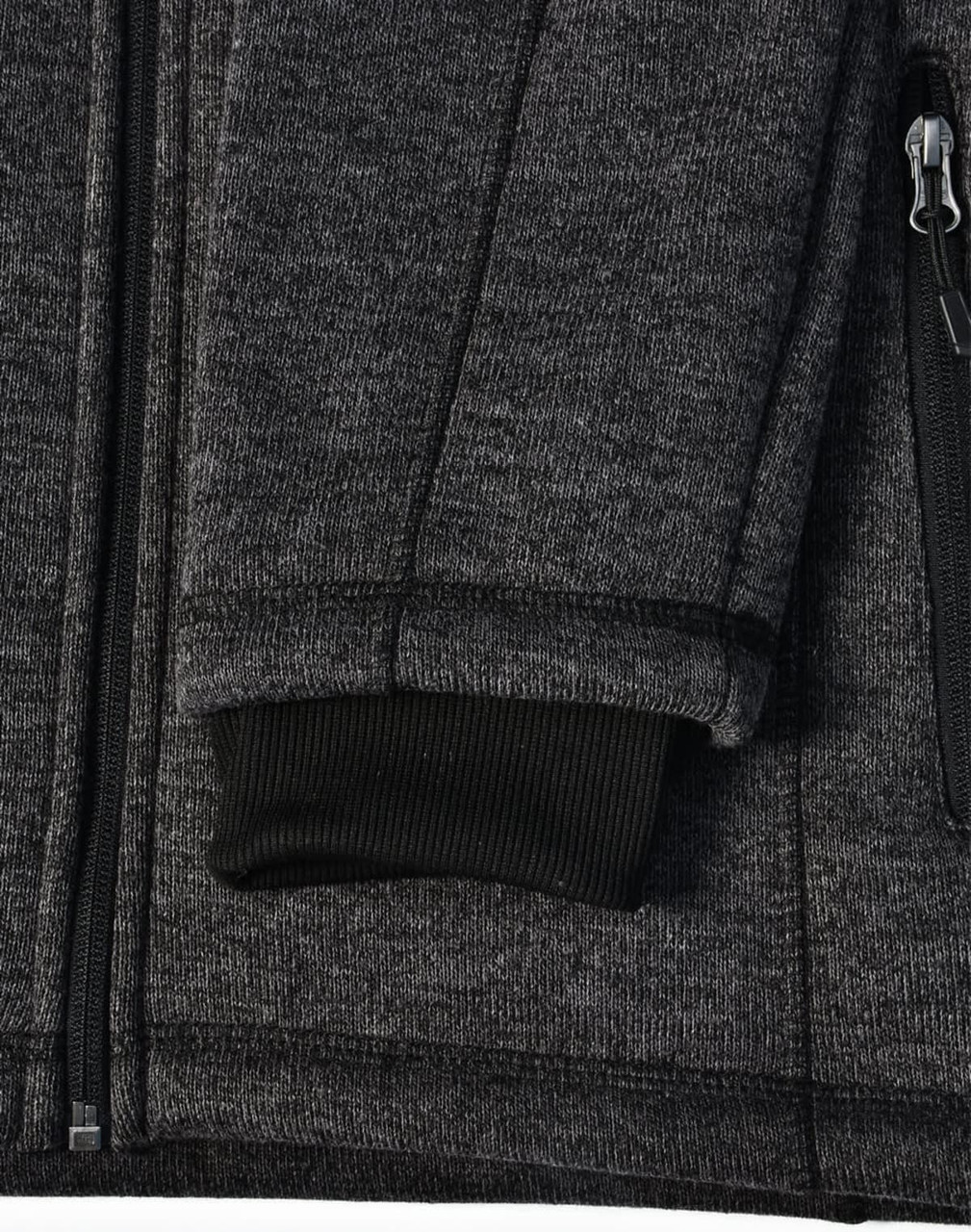 A men's heather bonded fleece jacket in dark grey, featuring a zippered front and ribbed cuffs.