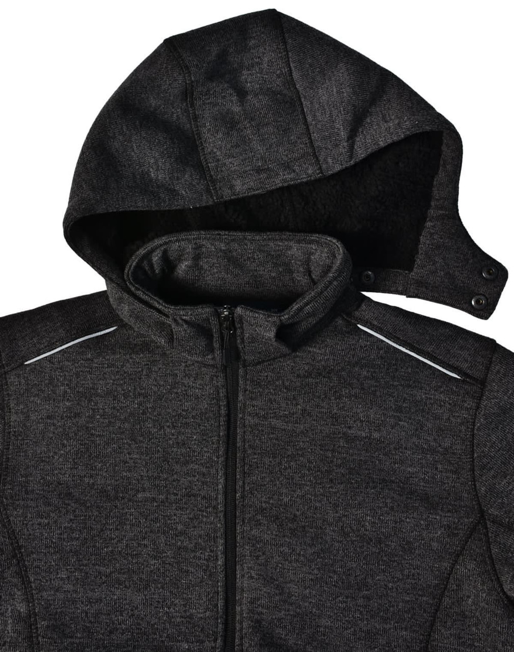 A men's heather bonded fleece jacket in dark grey with a hood and zippered front. Features a logo and reflective details.