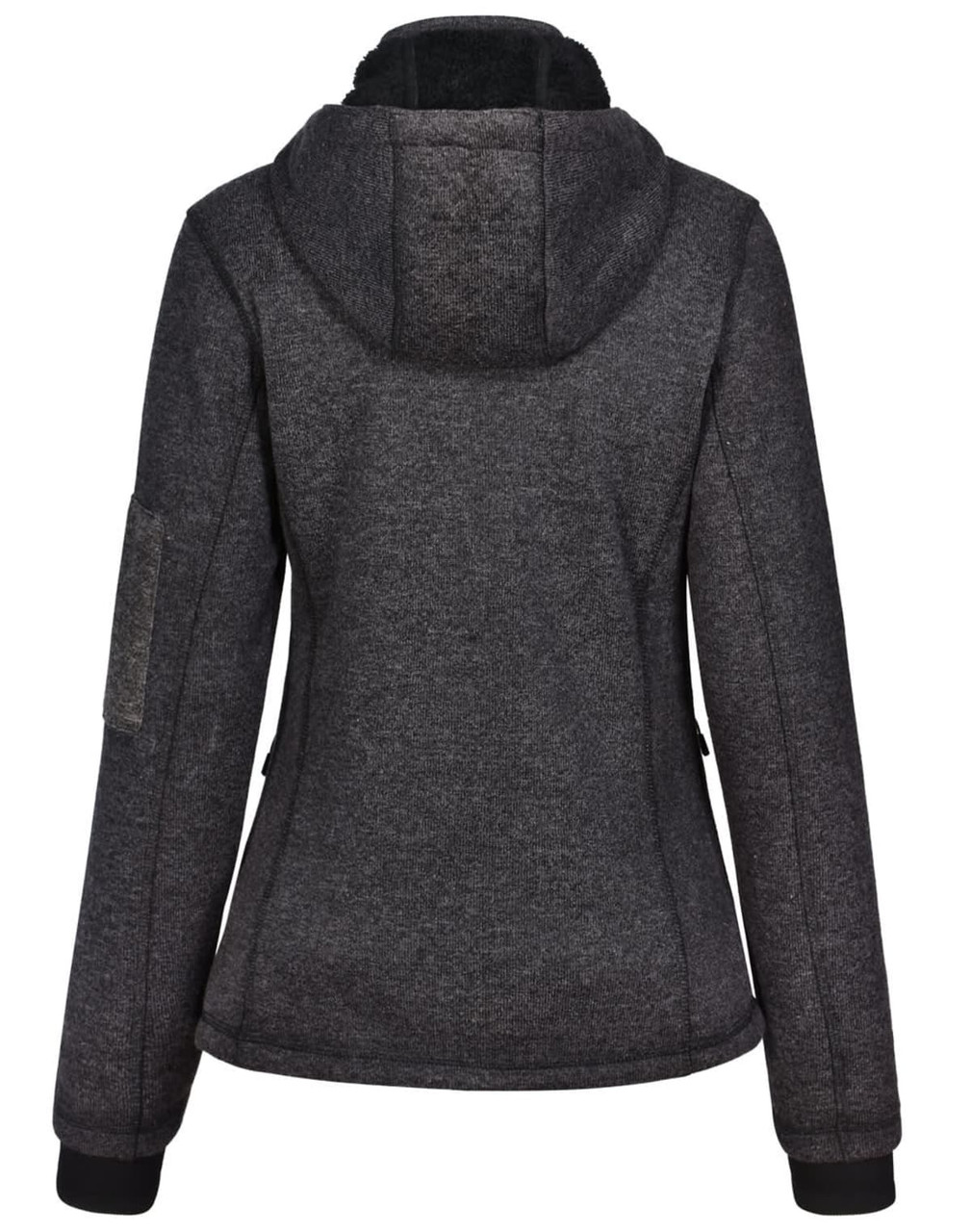 A ladies' grey bonded fleece jacket with a hood, featuring a fitted design and an included logo.