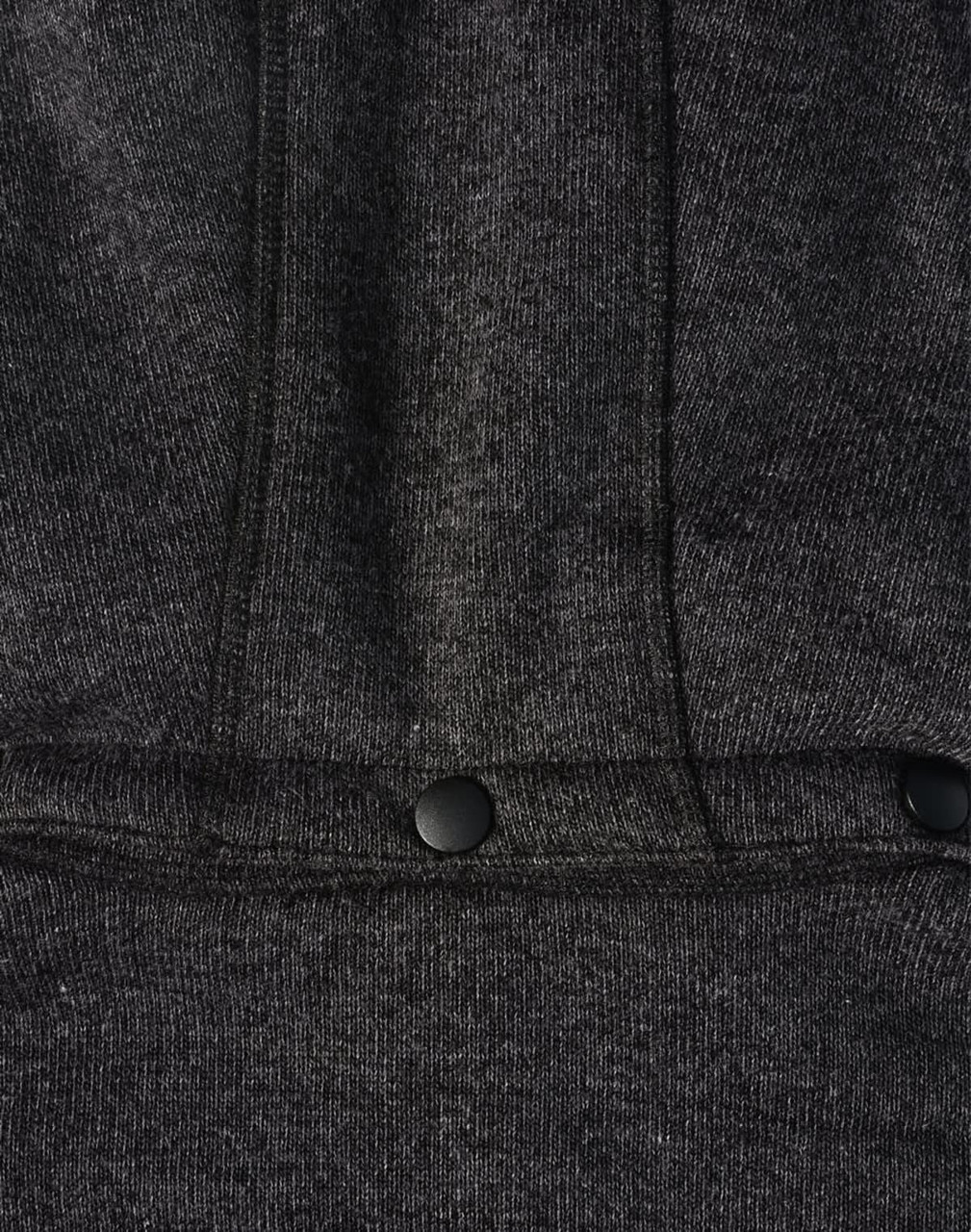 A black heather fleece jacket featuring a zip closure and two snap buttons at the hem. It has a logo present.