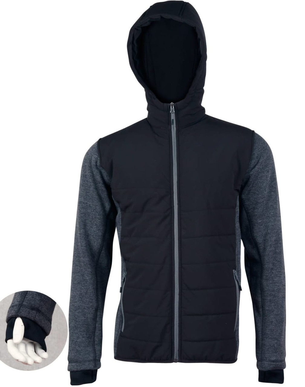 A black and grey men's heather sleeve quilted body jacket with a hood and zipped pockets. Features a logo.