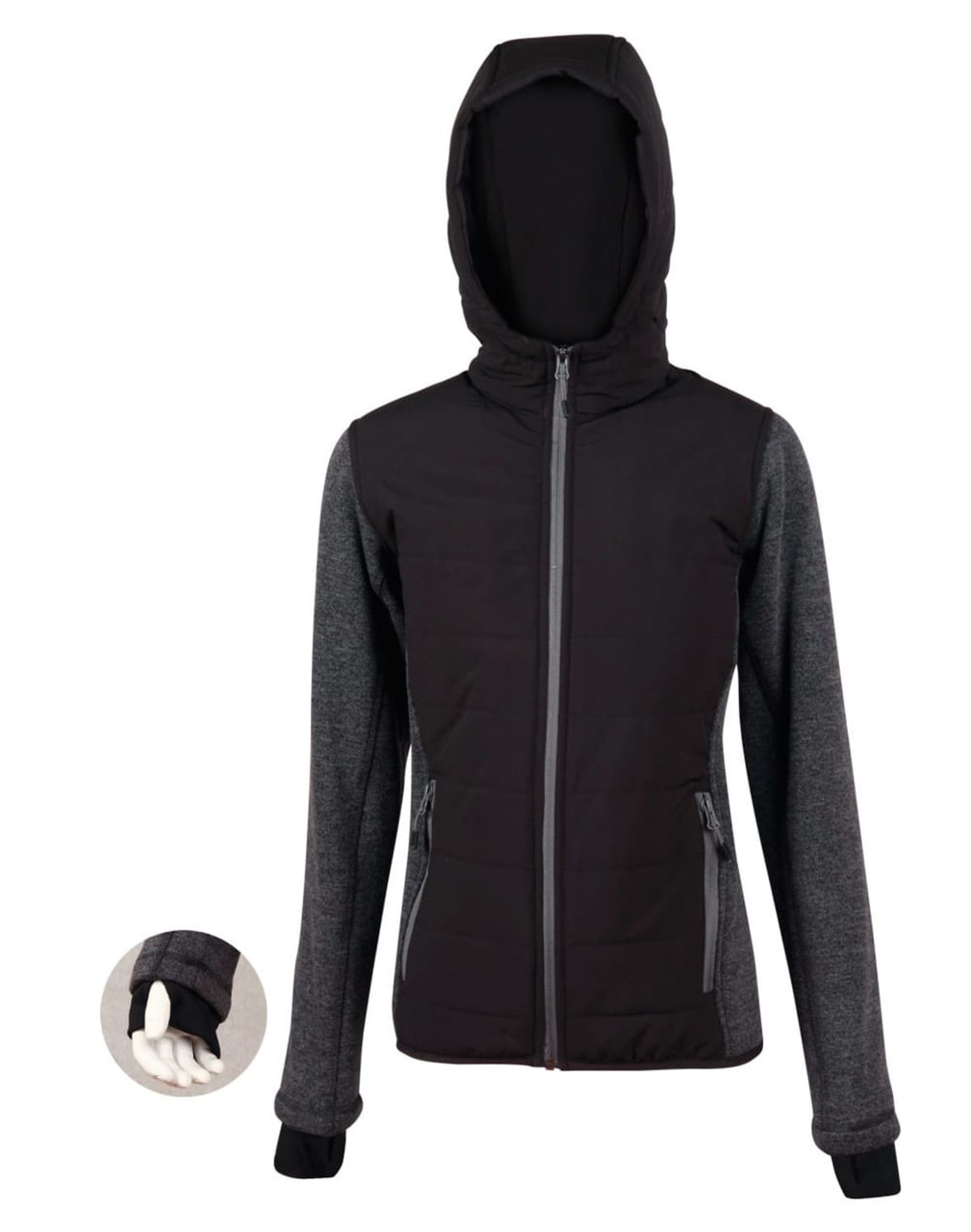 A black and grey ladies' heather sleeve quilted body jacket with a hood and zippered pockets, featuring a logo.