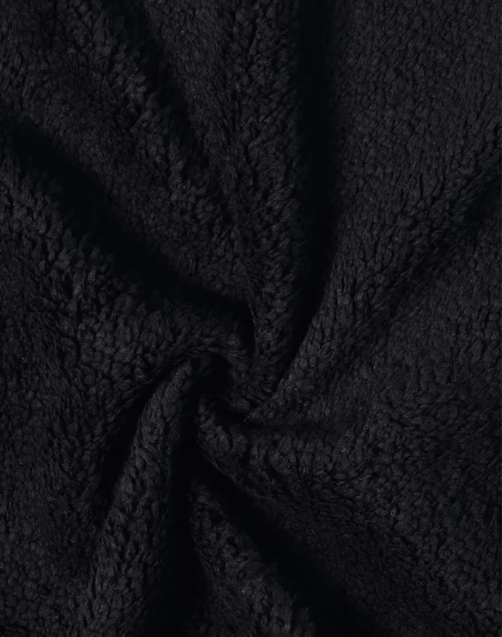 A textured black fabric with a fluffy, plush finish, suitable for jackets and outerwear.