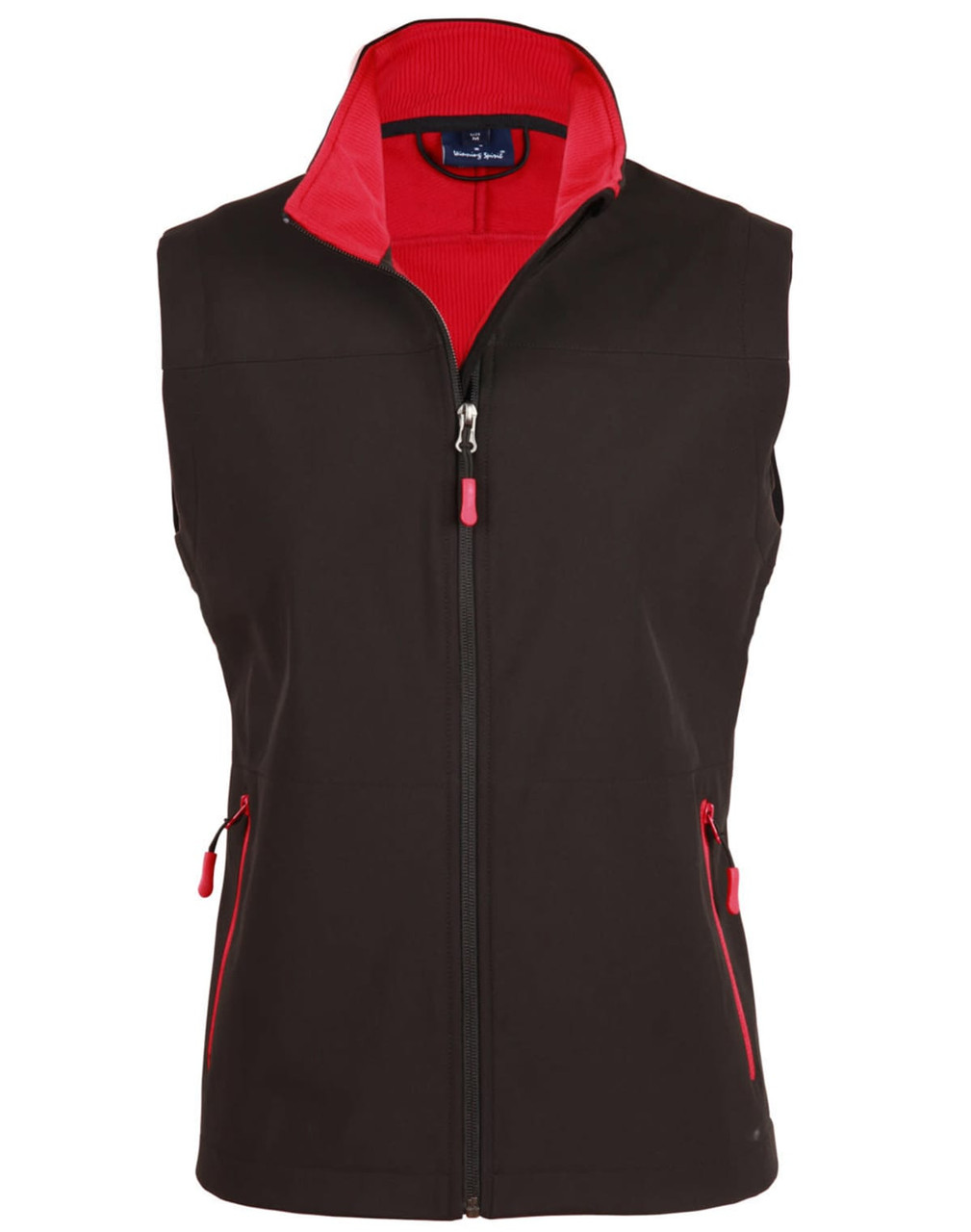 A black softshell vest with red contrasting accents and zippers, featuring a zipped front and side pockets.