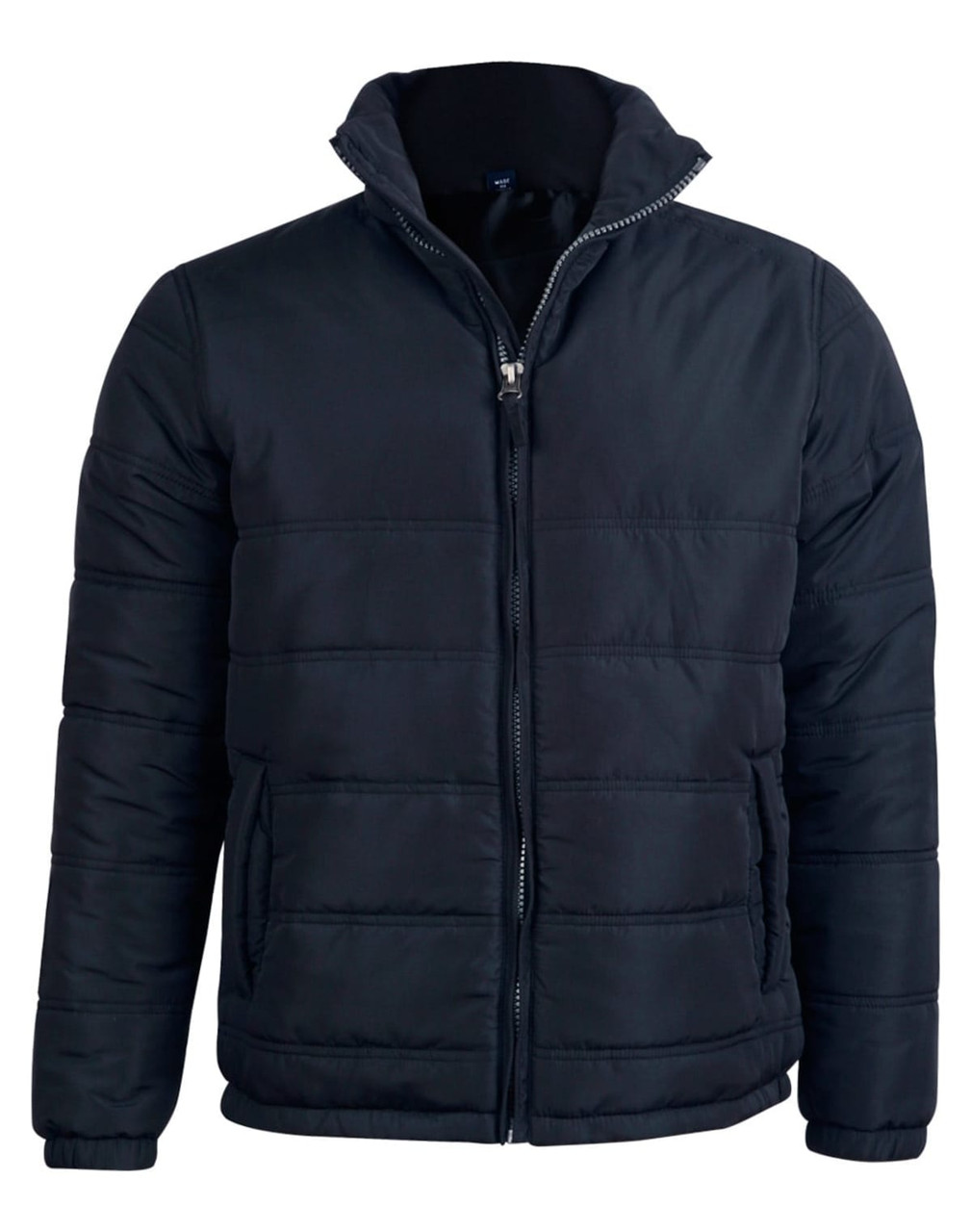 A black heavy quilted puffer jacket with a zipper and side pockets, featuring a collar and logo.