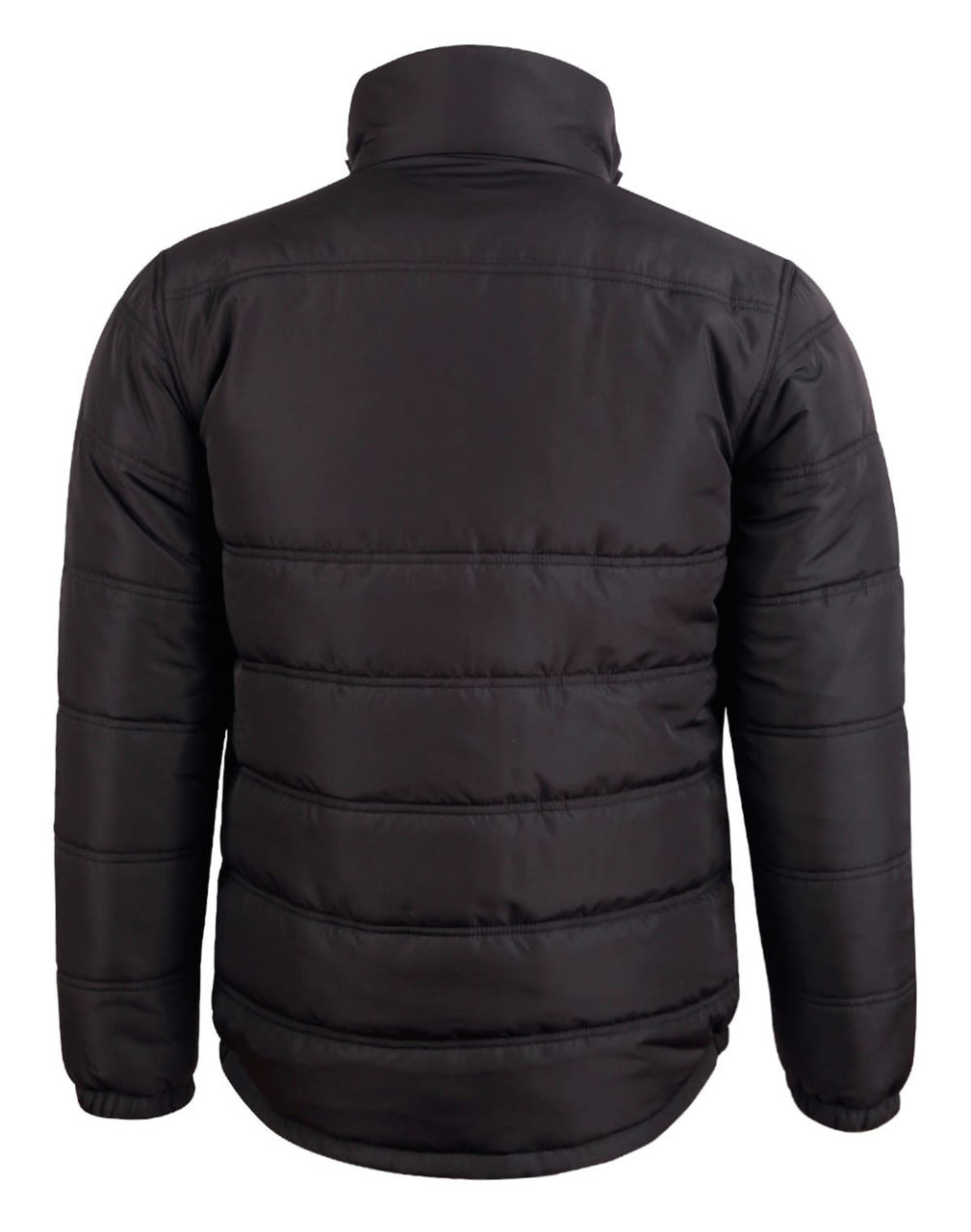 A heavy quilted jacket in black, featuring a puffer design and a high collar. It has a logo on the back.