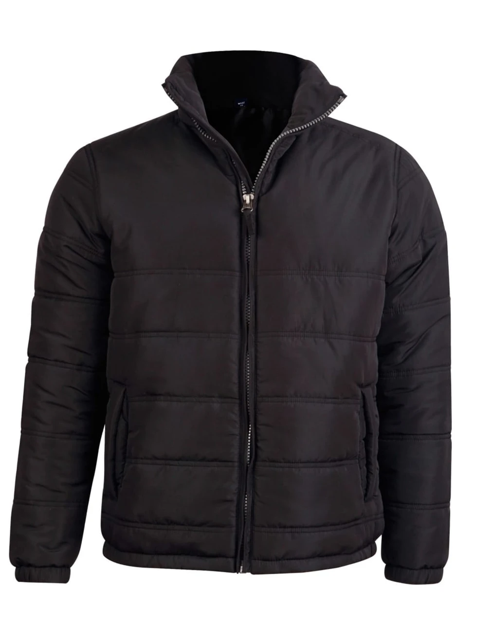 A black heavy quilted jacket with a zip front and high collar, featuring a logo on the chest area.