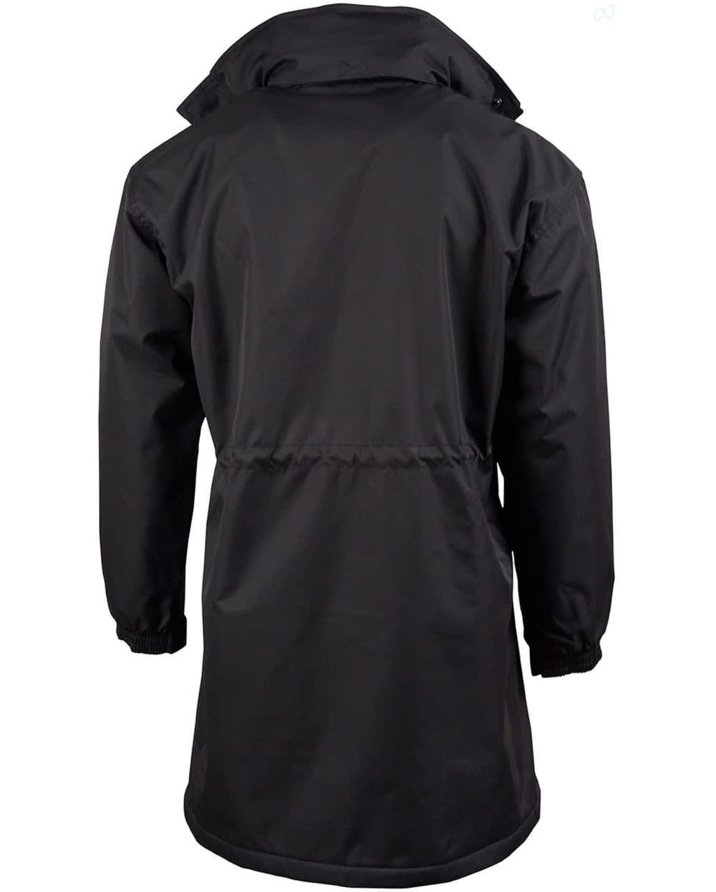 A black long line stadium jacket featuring a drawstring waist and elastic cuffs. It has a logo on the back.