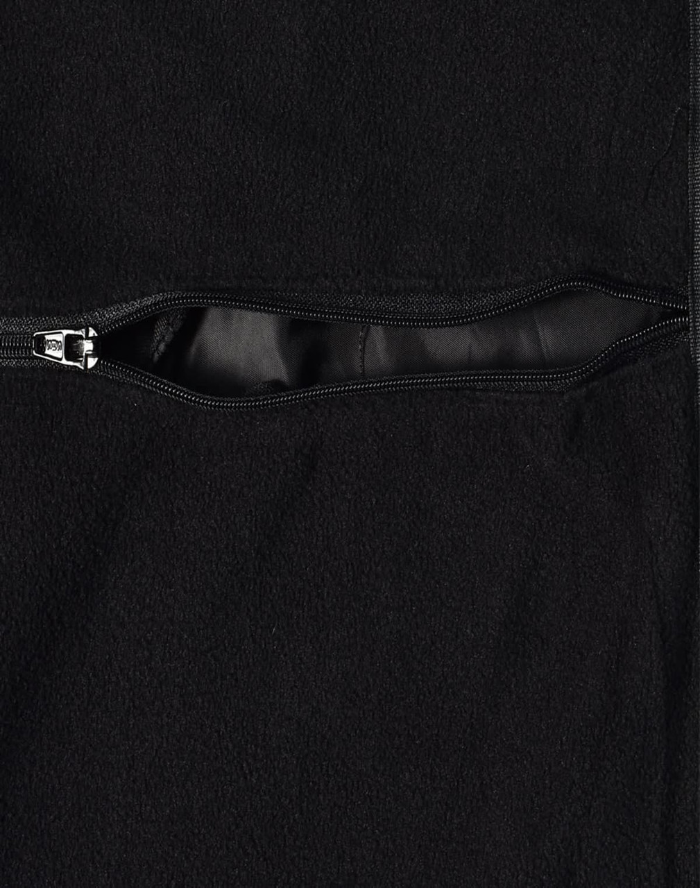 A black Long Line Stadium Jacket featuring a zippered pocket and a smooth lining. The jacket has a branding logo.