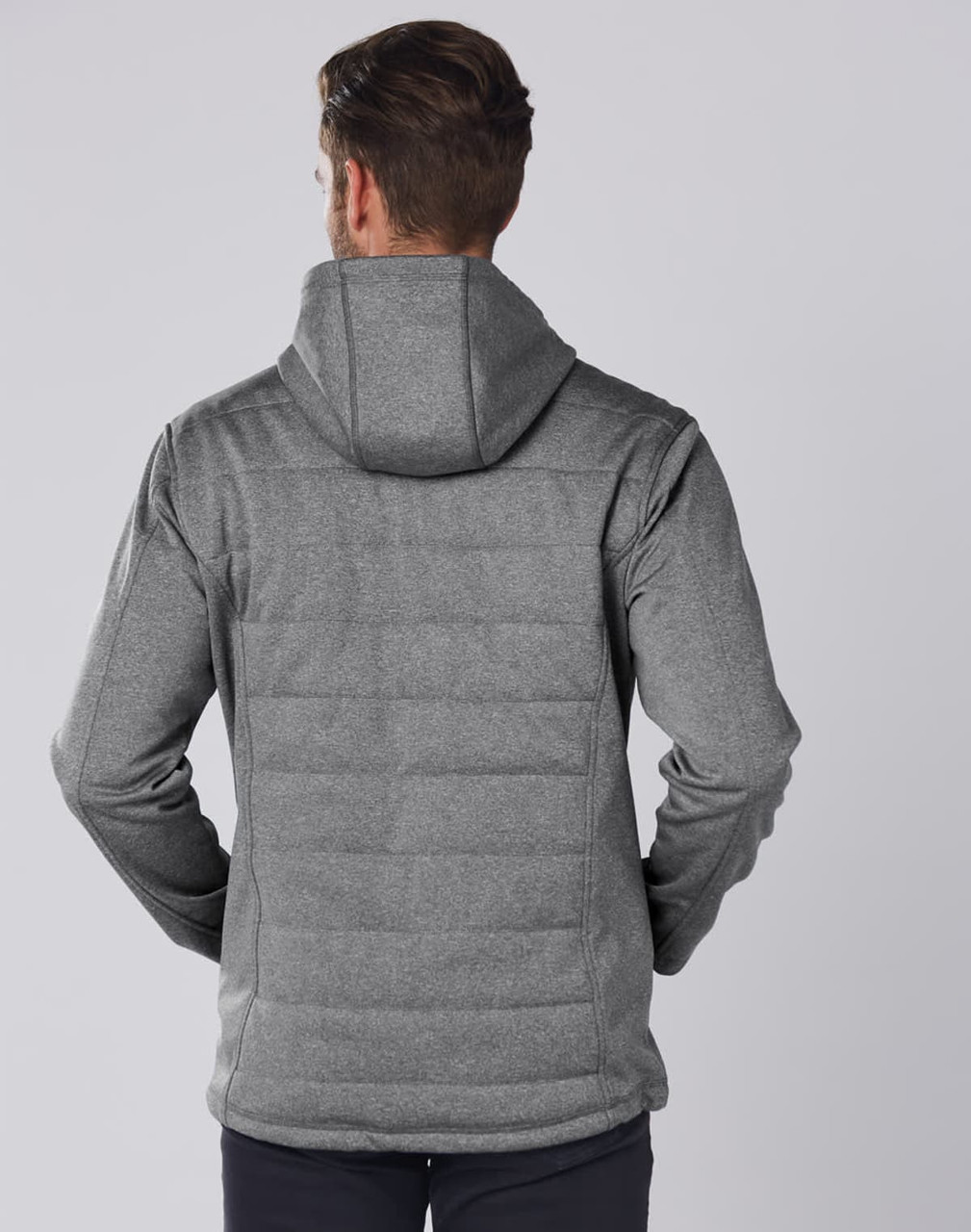 A men's grey cationic quilted jacket with a hood, featuring a textured back design and fitted silhouette.