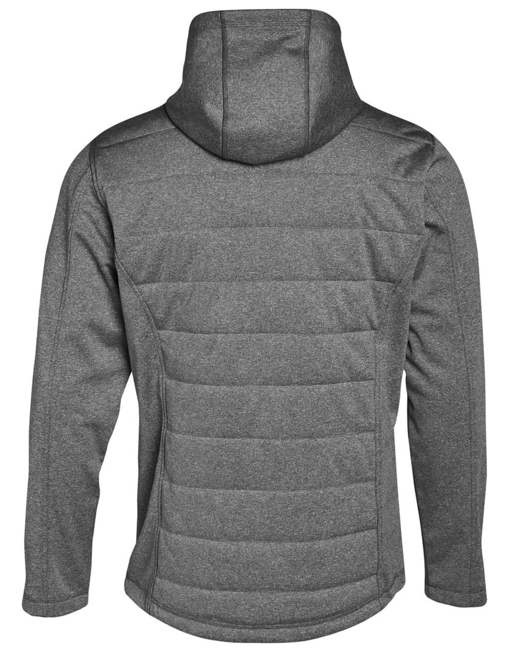A men's cationic quilted jacket in grey, featuring a hood and a quilted design on the back. It has a logo on it.