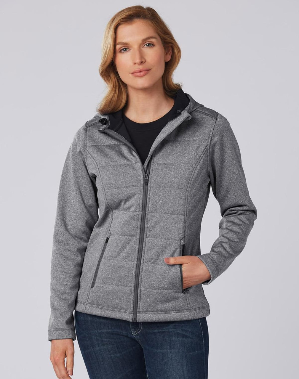 A quilted grey puffer jacket with a hood, featuring a zippered front and pockets, and includes a logo.