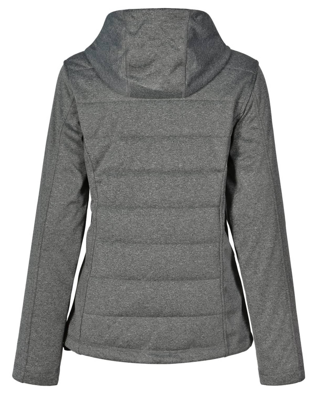 A grey cationic quilted jacket with a hood, featuring a structured back and a logo.