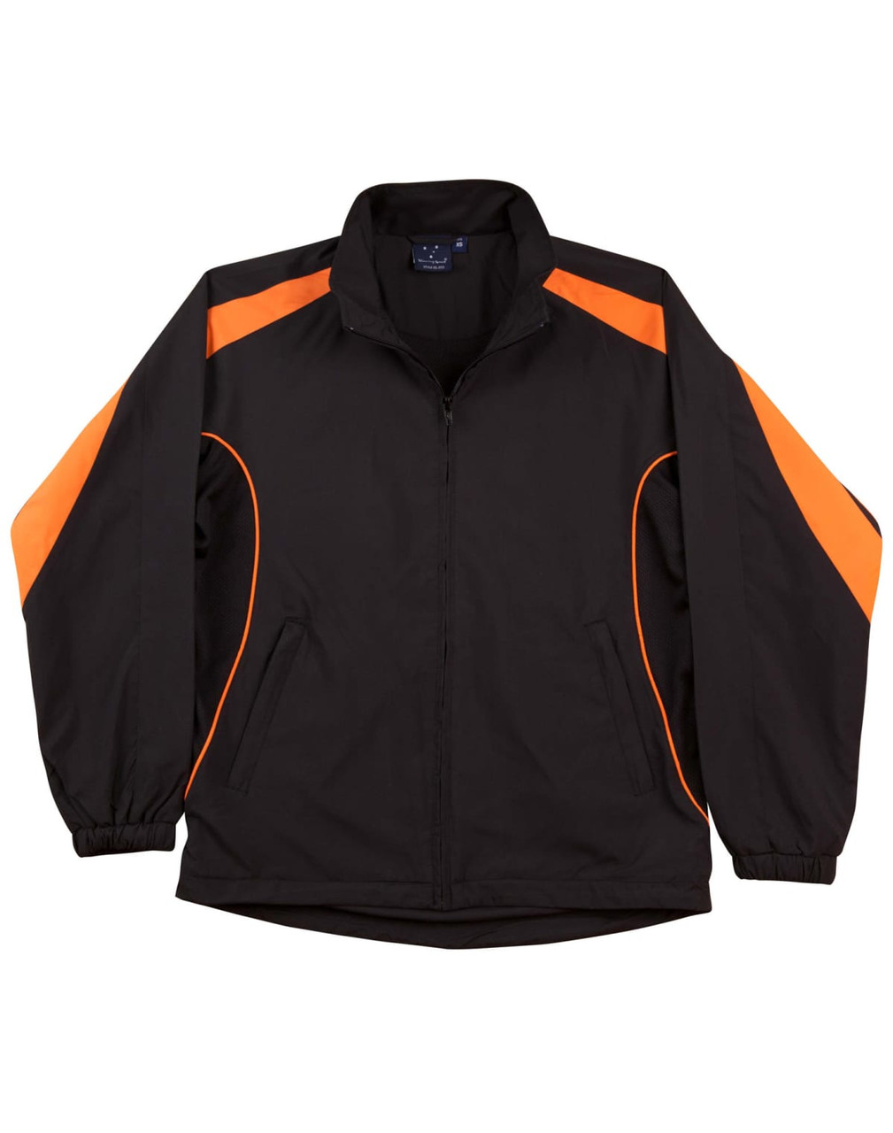 A black track jacket featuring orange accents, with a zip front and elasticated cuffs. It has a logo on the chest.