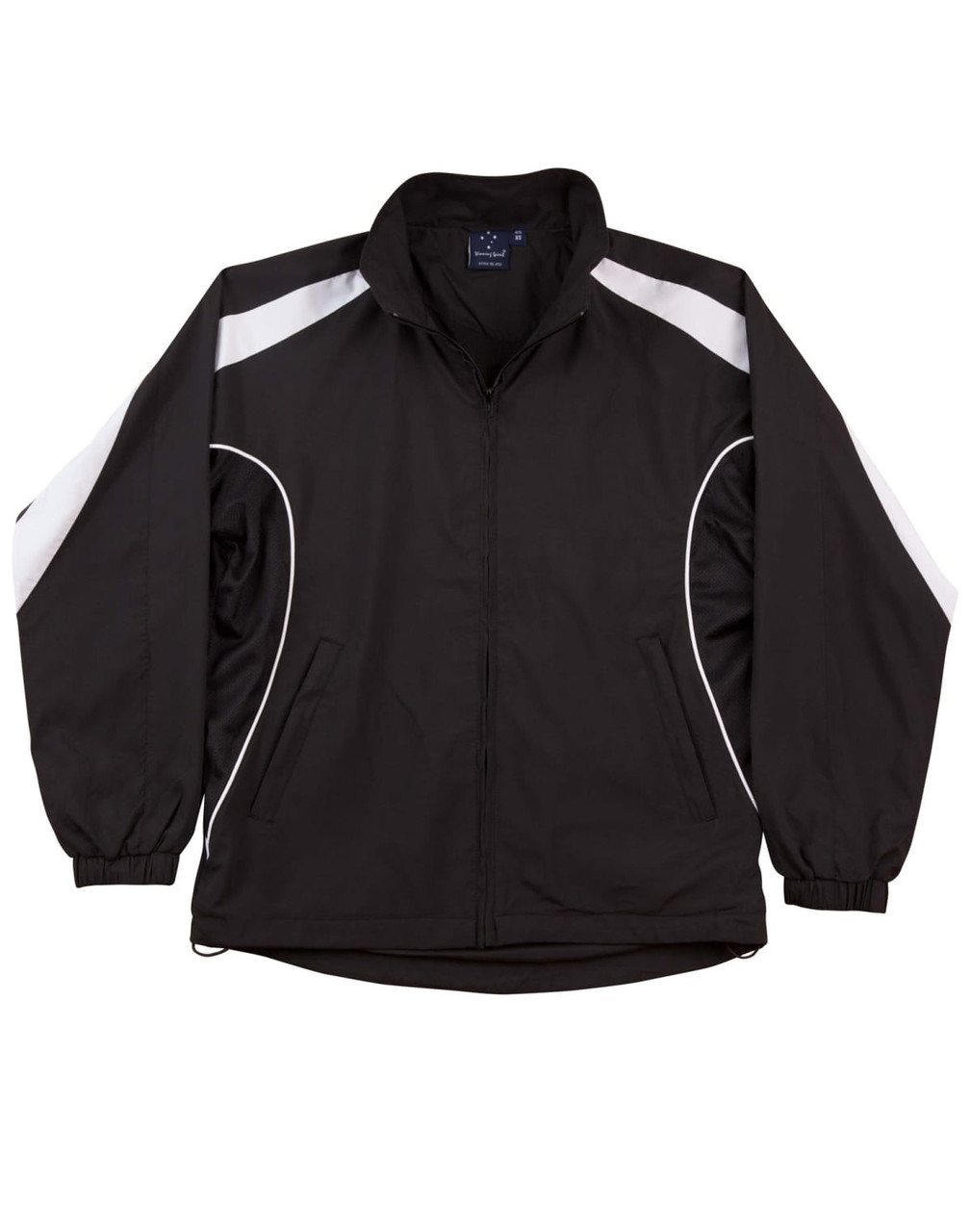 A black track jacket with white detailing, featuring a zip front and side pockets. Includes a logo on the chest.