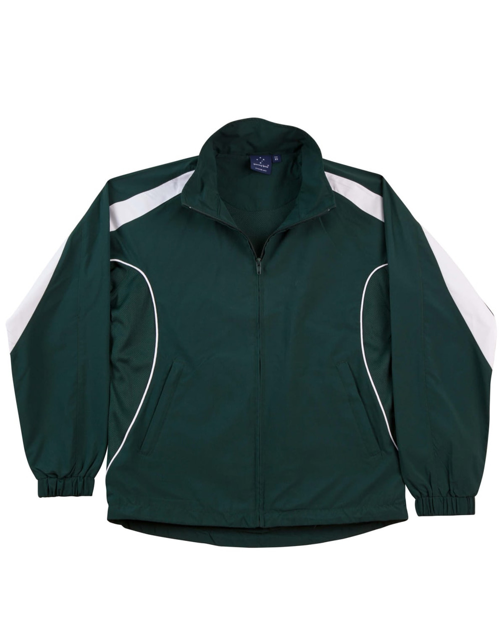 A track jacket in dark green with white accents and a logo on the chest. Features a full zip and elastic cuffs.