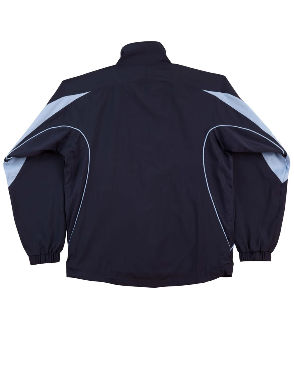 A navy track jacket featuring light blue accents and a logo, with a high collar and elastic cuffs.