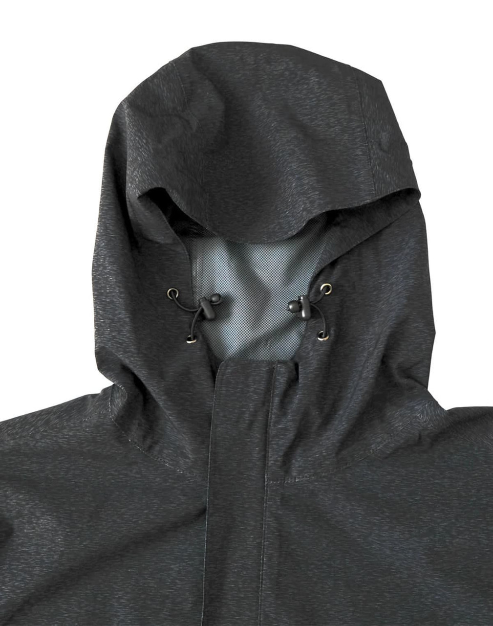 A men's waterproof performance jacket in dark grey, featuring a hood and adjustable ties. It has a logo on the chest.
