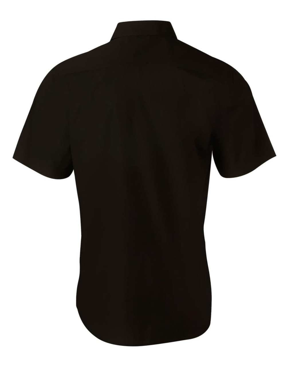 A black short sleeve shirt with a button-up design, featuring a hidden logo.