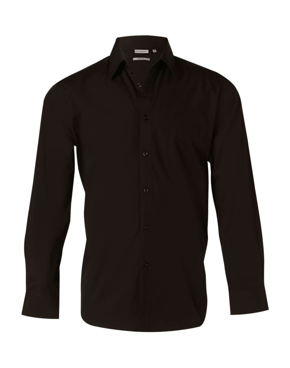 A black long sleeve button-up shirt with a chest pocket and a logo tag on the collar.
