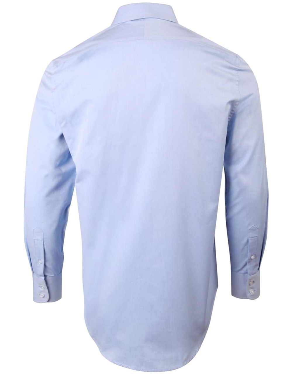 A light blue men's long-sleeve pinpoint oxford shirt with a button-up front and cuff details.
