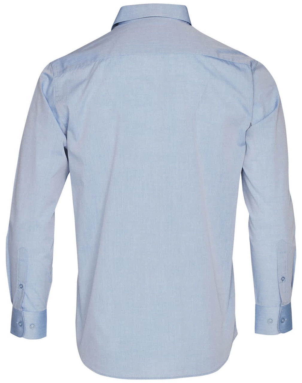 A light blue men's long sleeve button-up shirt featuring a simple design and branding on the back.