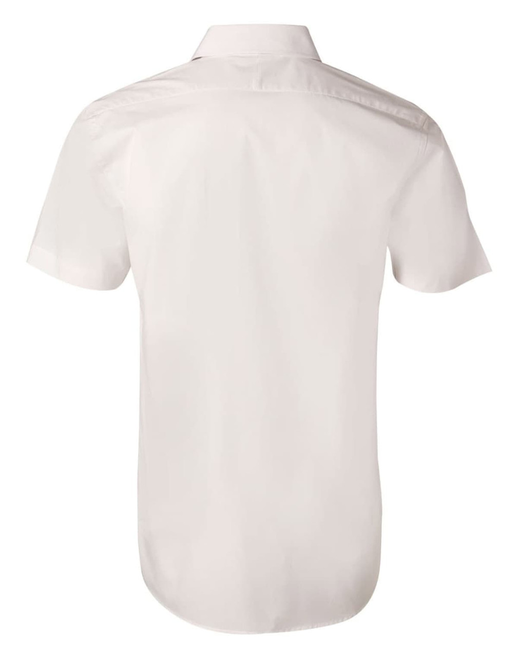 A white men's short-sleeve button-up shirt with a smooth finish, featuring a logo on the back.