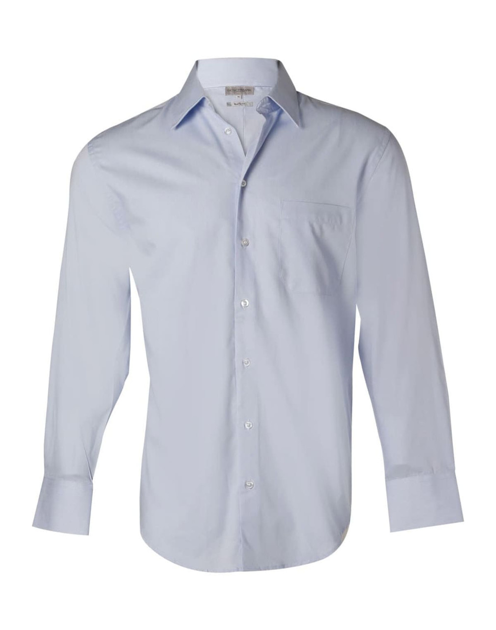 A light blue long-sleeve button-up shirt with a pocket, featuring a classic collar and cuffed sleeves. It has a logo.