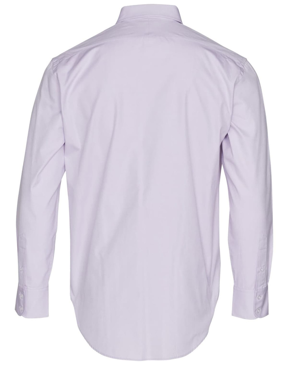 A light purple men's button-up Oxford shirt with long sleeves and a standard collar, featuring a logo on the back.