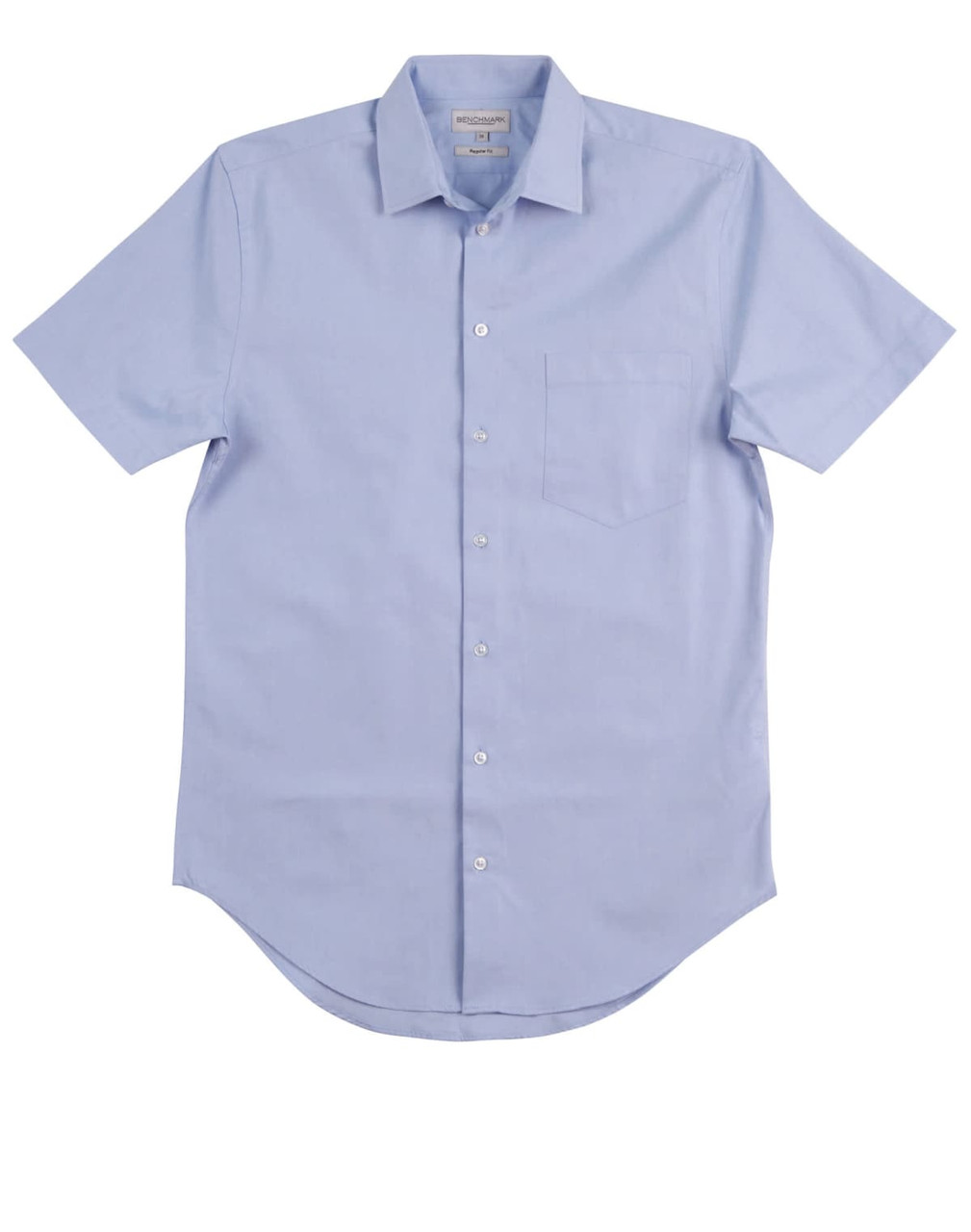 A short sleeve, button-up shirt in light blue with a pocket and a subtle logo.