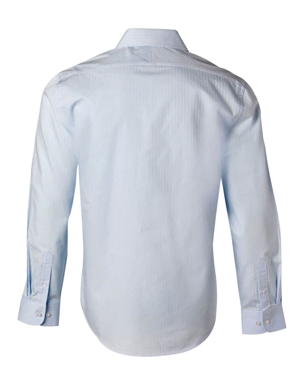 A light blue men's long-sleeve self-stripe button-up shirt with a back view and a branding logo.