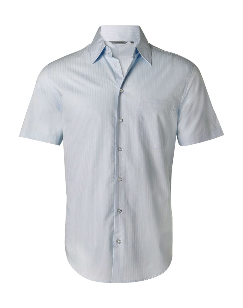 A light blue short-sleeve button-up shirt with a self-stripe pattern and a chest pocket. It has a logo.