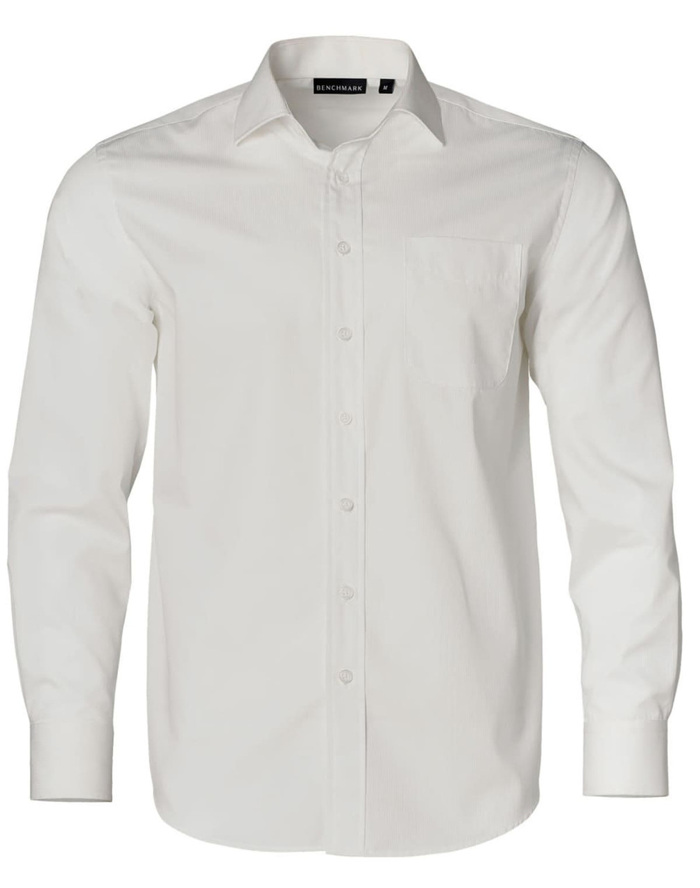 A white long-sleeve button-up shirt featuring a dobby stripe pattern and a chest pocket. The shirt has a logo on the tag.