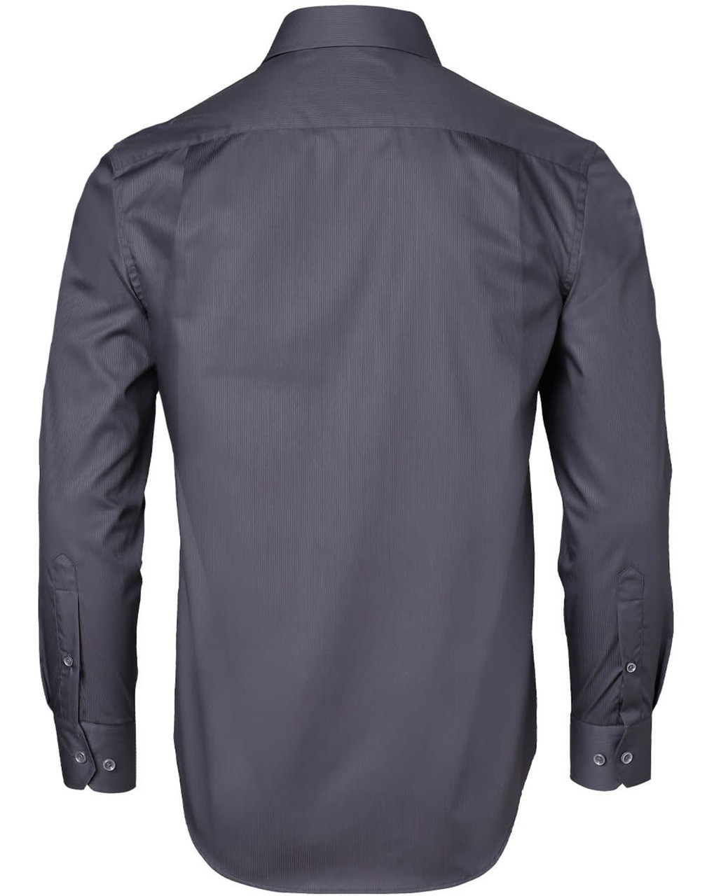 A men's long-sleeve shirt in dark grey with a dobby stripe pattern and button-up cuffs. Features a logo on the back.