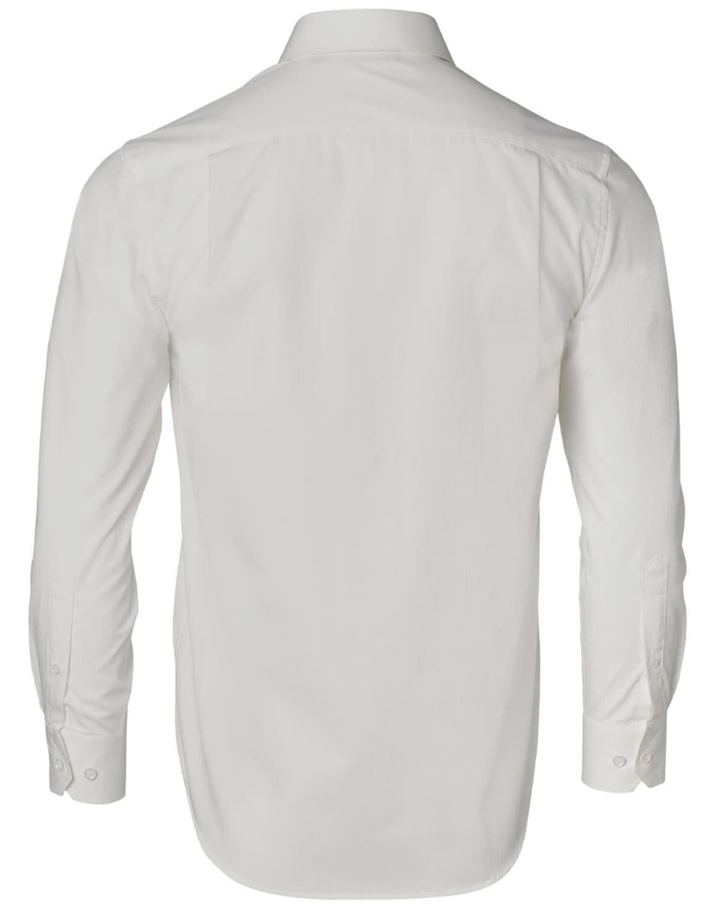 A long-sleeved, button-up shirt in white with a dobby striped texture, featuring a collar and branding on the back.