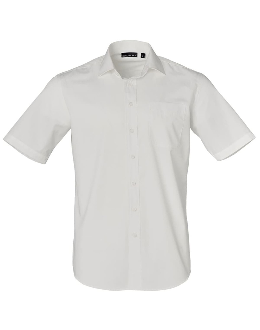 A white short-sleeve button-up shirt featuring a chest pocket and a logo.
