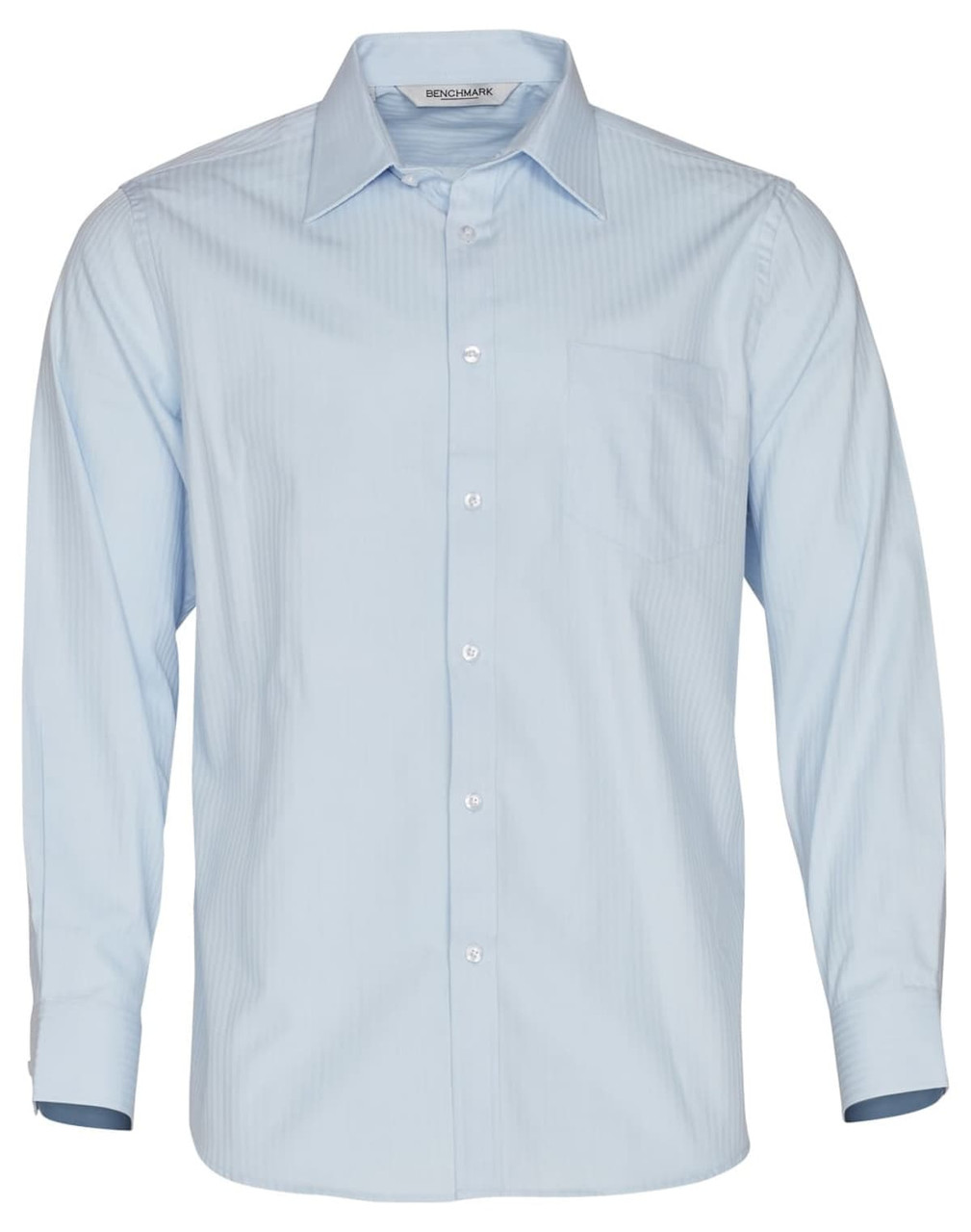 A light blue long sleeve button-up shirt with a herringbone pattern and a chest pocket. Features a logo on the label.