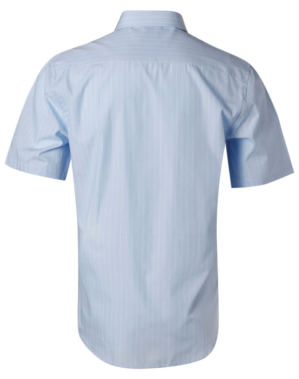 A light blue men's pin stripe short sleeve button-up shirt with a back view, featuring a collar and a logo.